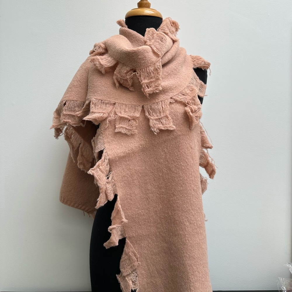 Long Cashmere Wool Blend Scarf with Fringe Blush